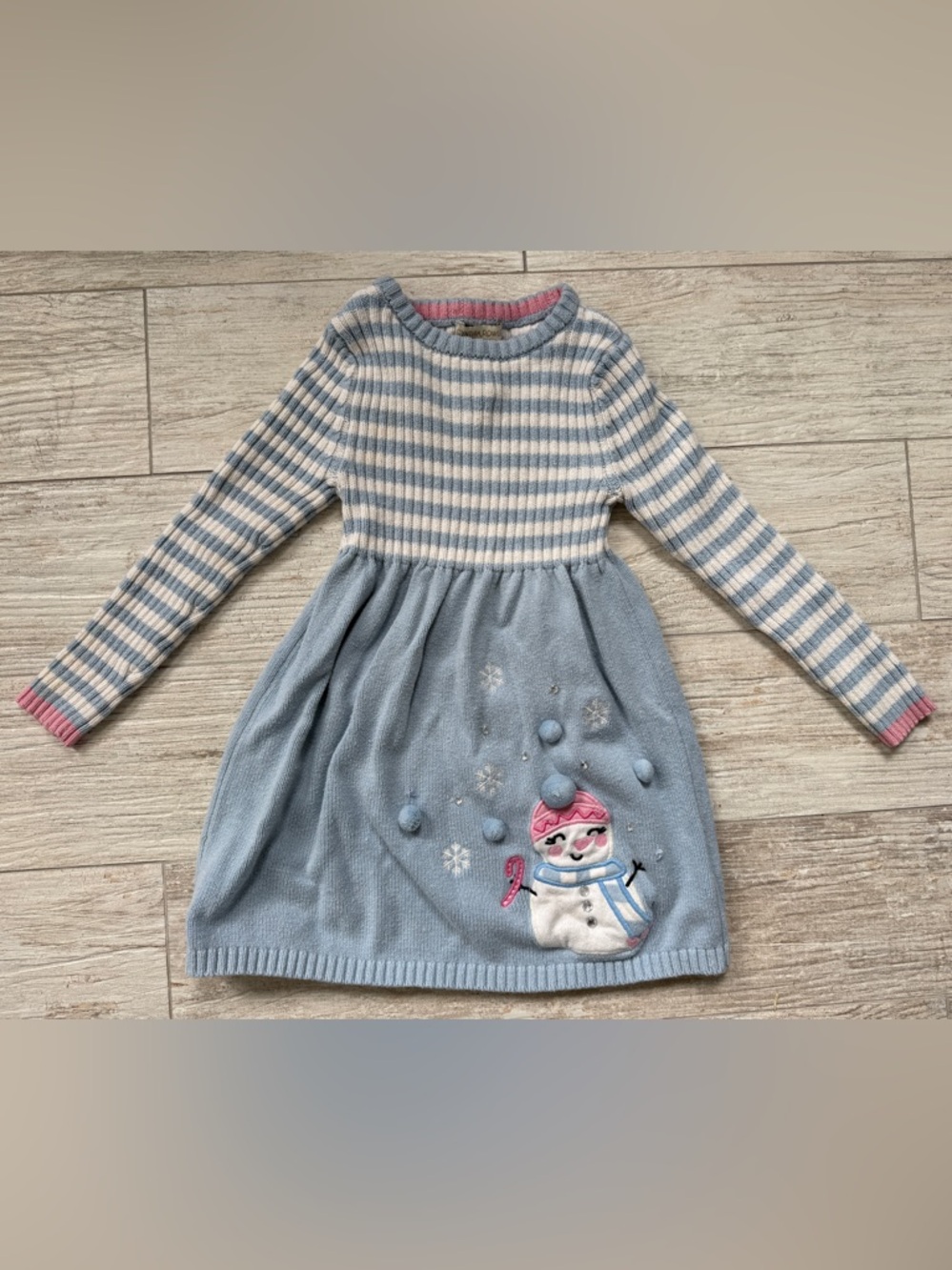 Blue & White Striped Knit Snowman Dress with Pink Accent
